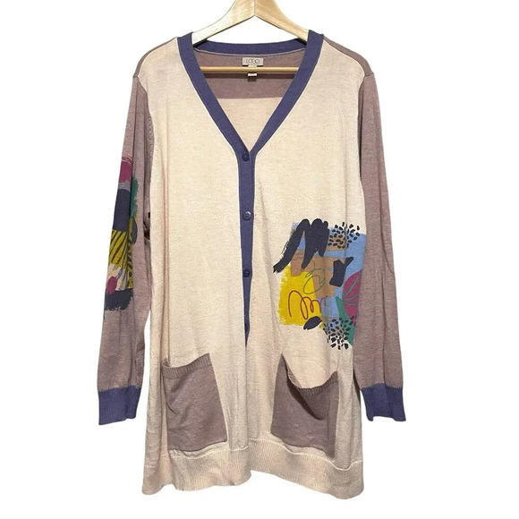 LOGO by Lori Goldstein Color Block Cardigan Sweater Size 1X Graphics Artsy boho - Picture 1 of 7